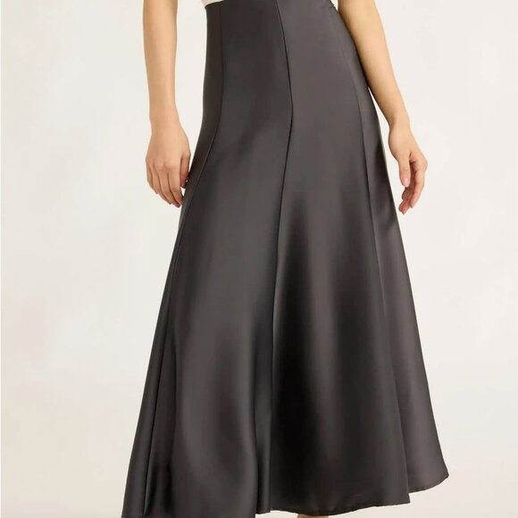 NWOT, SZ M, Matte Satin A-Line Midi Skirt, Charcoal Gray - Picture 3 of 4